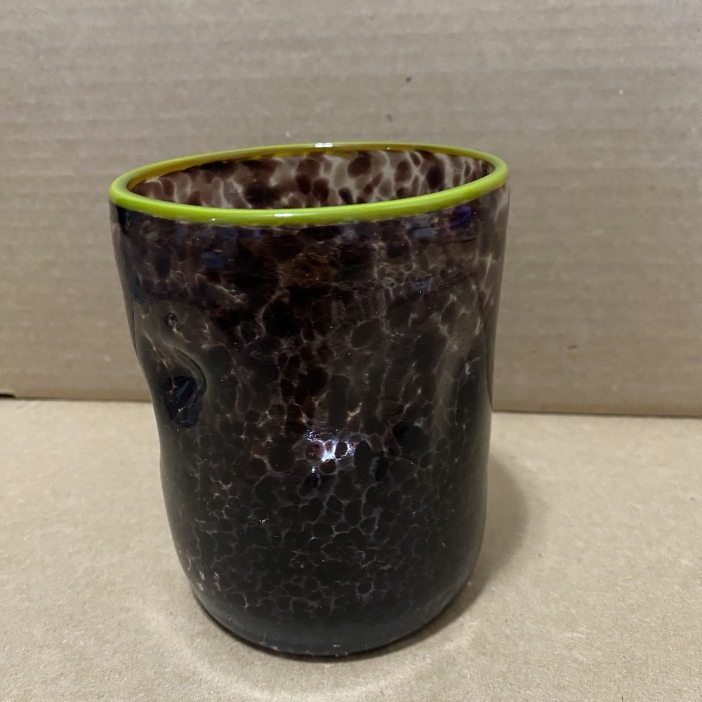 Dark Purple Dimpled Hand Blown Speckled Vase with Bright Yellow Rim 4‎ 3/4" High